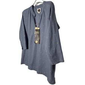 BSBEE Top Blue Embroidered Monroe XS Floral 100% Khadi Oversized V-Neck NWT